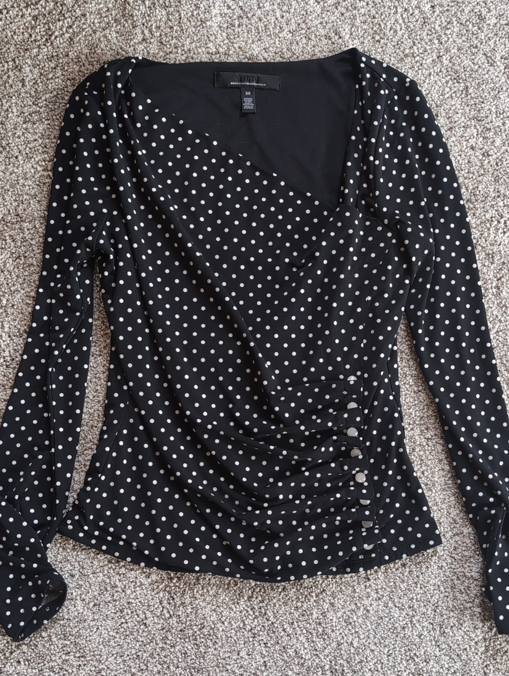 WHBM Ruched Black Polka Dot Long-Sleeve Top W/Cute Pearl Button Detail- Women